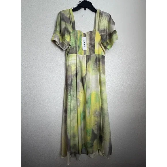 Dkny Midi Dress Womens S Watercolor Hues Ruched Printed Satin Short Sleeve NWT - Picture 3 of 11